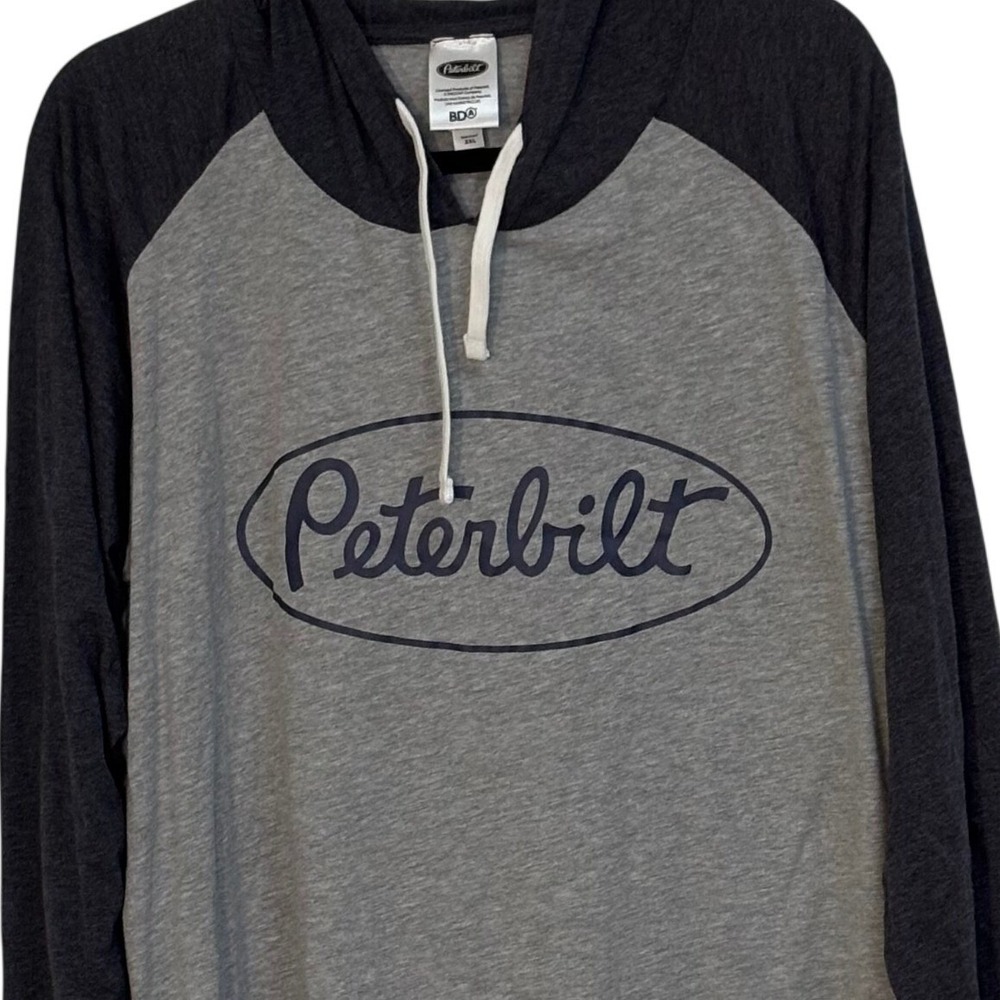 Peterbilt Mens Raglan Hooded T-Shirt Gray Charcoal Long Sleeve‎ Logo 2XL